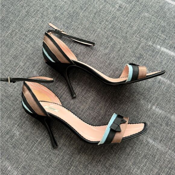 Prada Blue, Black, and Brown Grosgrain Striped Ankle Strap Heels with Bow Sz 40 - Picture 16 of 16